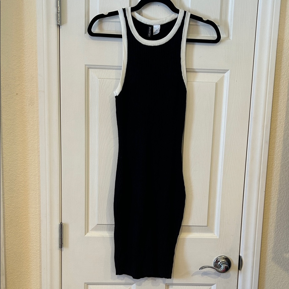 NWT Divided Black Knitted Racerback Tank Dress with White Trim Small
